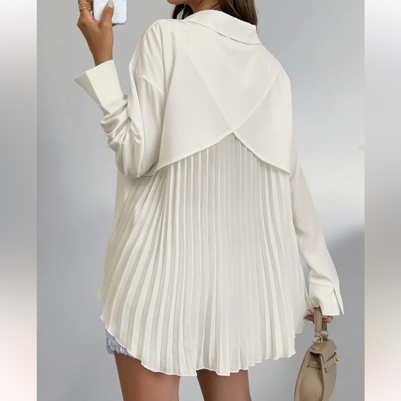 🎁 Unique! 🥀 Long Sleeve Solid Color Button Front Pleated Back Chic Blouse - Picture 8 of 8